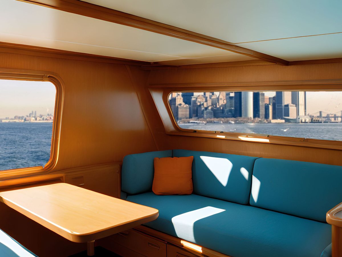 Salon d'un bateau ouvert sur la mer
